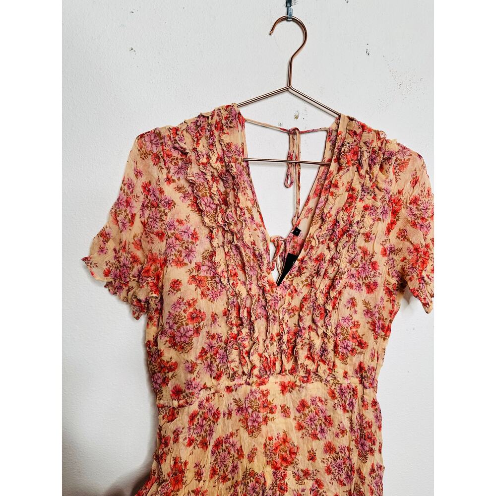 THE KOOPLES Pink Floral Ruffle Hemline Midi Tie Back Floral Frill Dress sz 1 - Picture 4 of 16